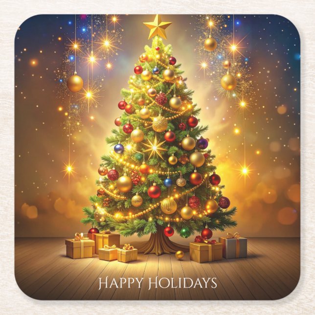 Decorated Christmas Tree Square Paper Coaster (Front)