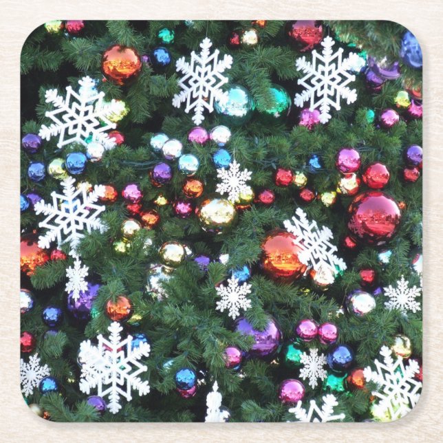 Decorated Christmas Tree Square Paper Coaster (Front)