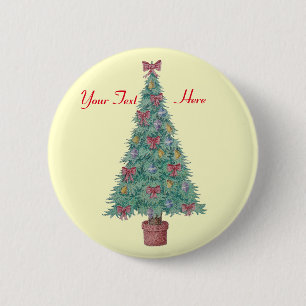 decorated christmas tree with red bows bells pinback button