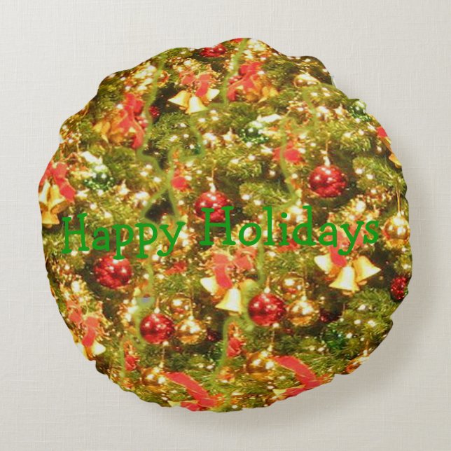 decorated christmas tree with text round pillow (Back)