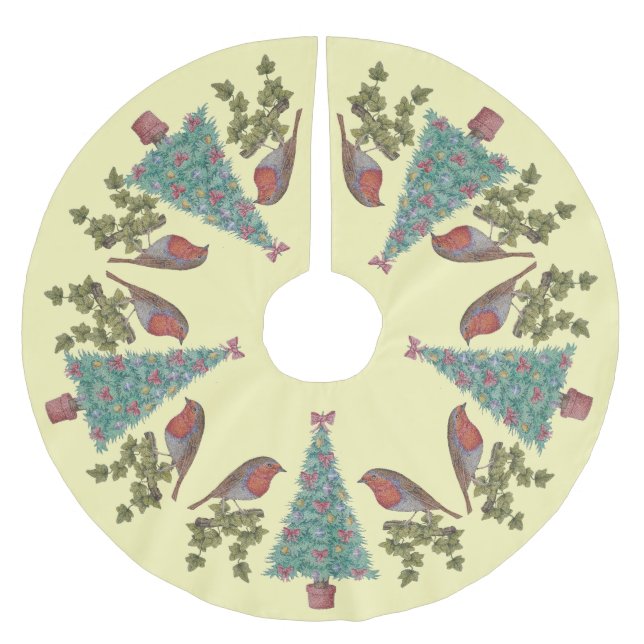 decorated christmas trees with ivy and robins brushed polyester tree skirt (Front)