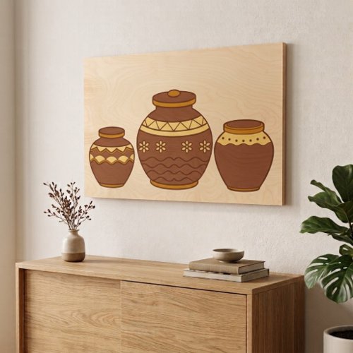 decorated clay jars in deep brown wood wall art