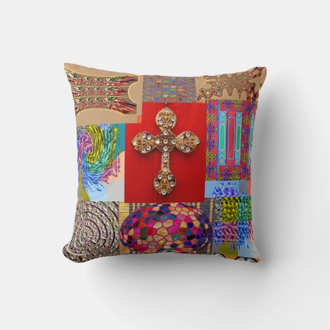 Decorated CROSS with Miniature Art Collection Throw Pillow (Front)