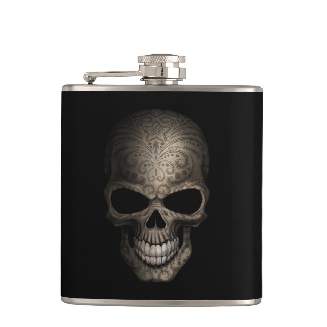 Decorated Dark Skull Hip Flask (Front)