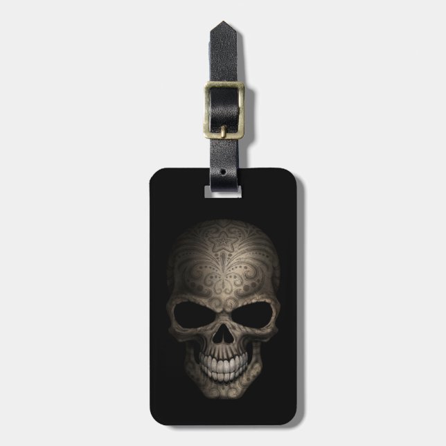 Decorated Dark Skull Luggage Tag (Front Vertical)