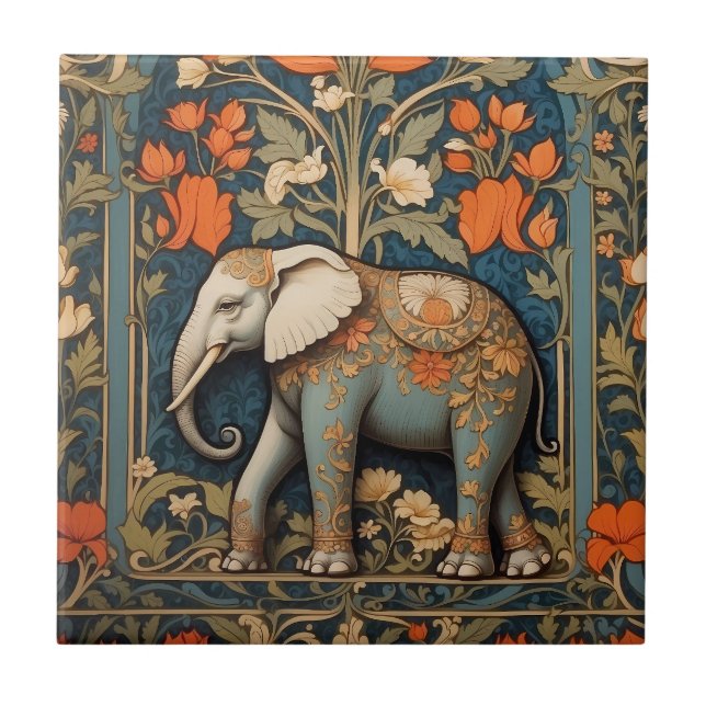 Decorated Elephant William Morris Inspired Floral Ceramic Tile (Front)