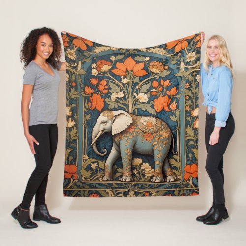 Decorated Elephant William Morris Inspired Floral Fleece Blanket