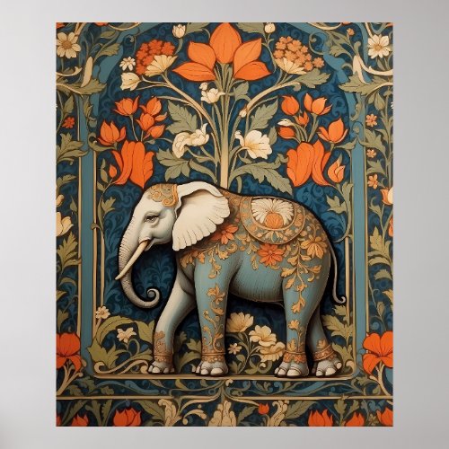 Decorated Elephant William Morris Inspired Floral Poster