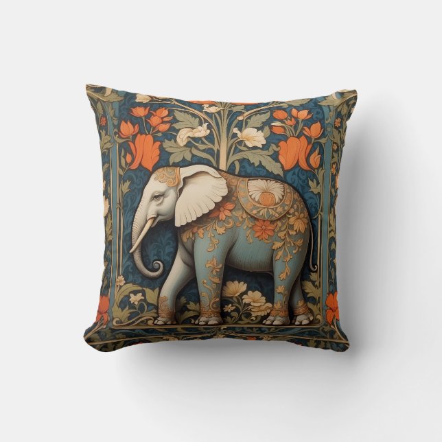 Decorated Elephant William Morris Inspired Floral Throw Pillow (Front)