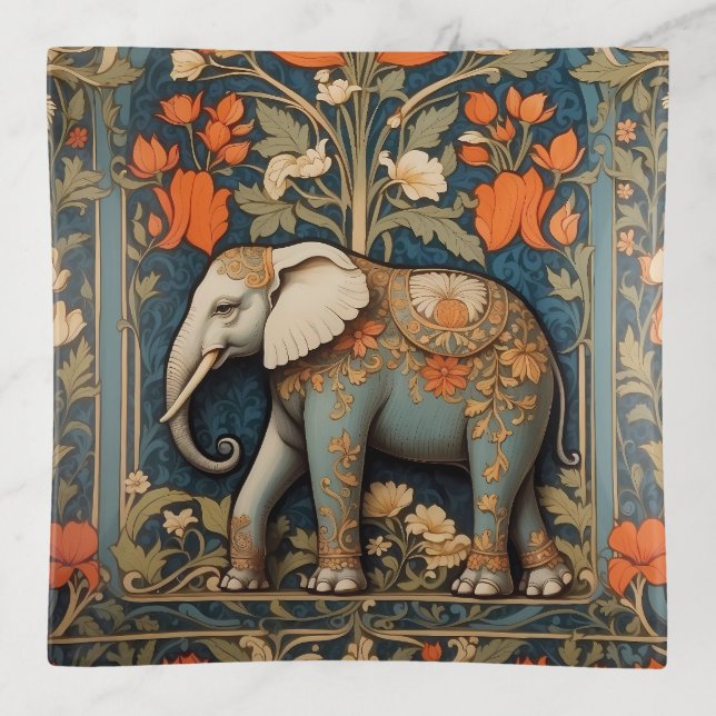 Decorated Elephant William Morris Inspired Floral Trinket Tray (Front)