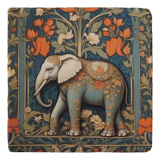 Decorated Elephant William Morris Inspired Floral Trivet (Front)