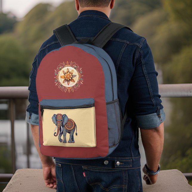 Decorated Elephant with Floral Mandala n Initials Printed Backpack (Creator Uploaded)