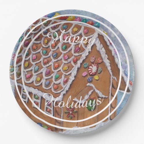Decorated Gingerbread House Happy Holiday Party Paper Plates