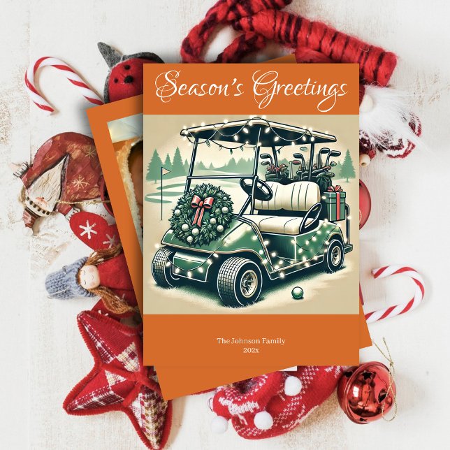 Decorated Golf Cart • Bright Orange Photo Holiday Card (Creator Uploaded)