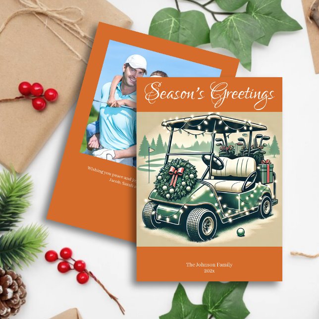 Decorated Golf Cart • Bright Orange Photo Holiday Card (Creator Uploaded)