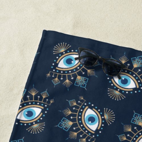Decorated Greek Evil Eye Turkish Protection Symbol Beach Towel