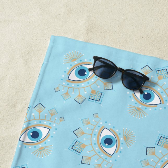 Decorated Greek Evil Eye Turkish Protection Symbol Beach Towel (In Situ)
