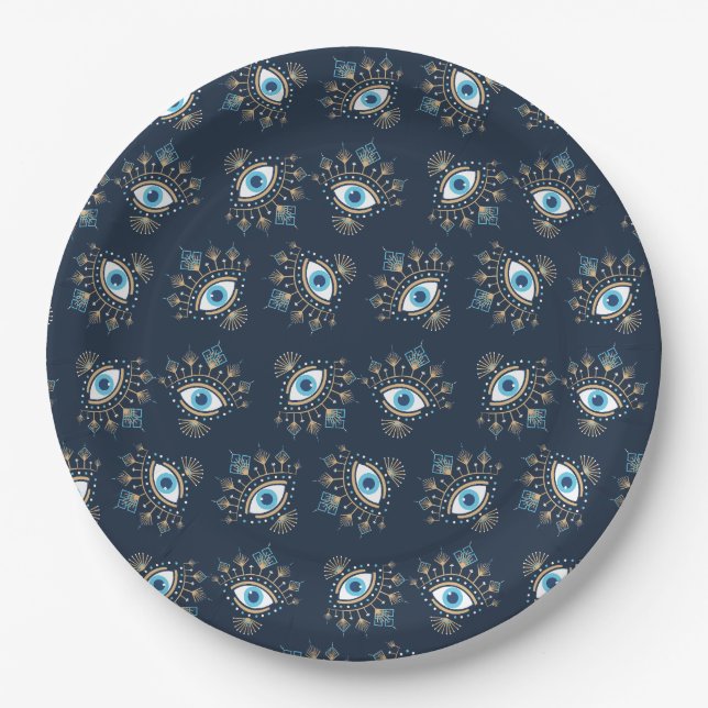 Decorated Greek Evil Eye Turkish Protection Symbol Paper Plates (Front)