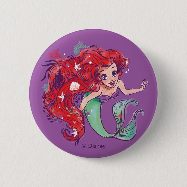 Decorated Hair Princess Ariel Watercolor Button (Front)