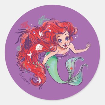 Decorated Hair Princess Ariel Watercolor Classic Round Sticker by DisneyPrincess at Zazzle