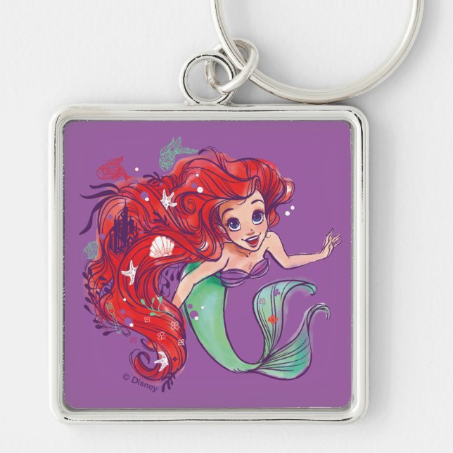 Decorated Hair Princess Ariel Watercolor Keychain (Front)