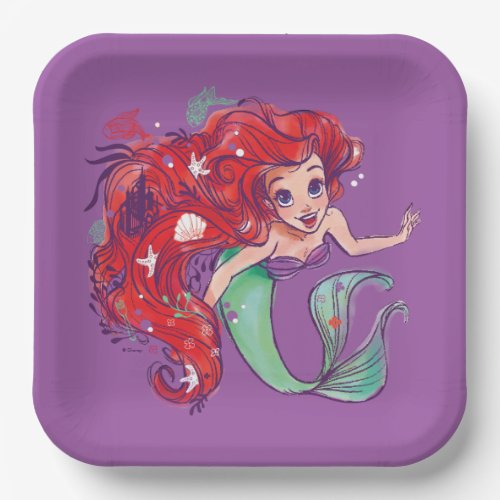 Decorated Hair Princess Ariel Watercolor Paper Plates