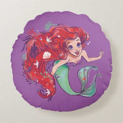 Decorated Hair Princess Ariel Watercolor Round Pillow