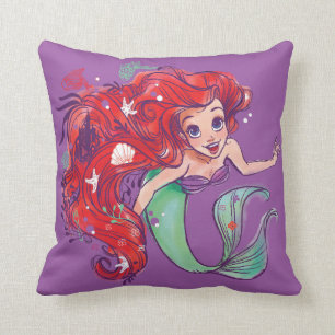 Decorated Hair Princess Ariel Watercolor Throw Pillow