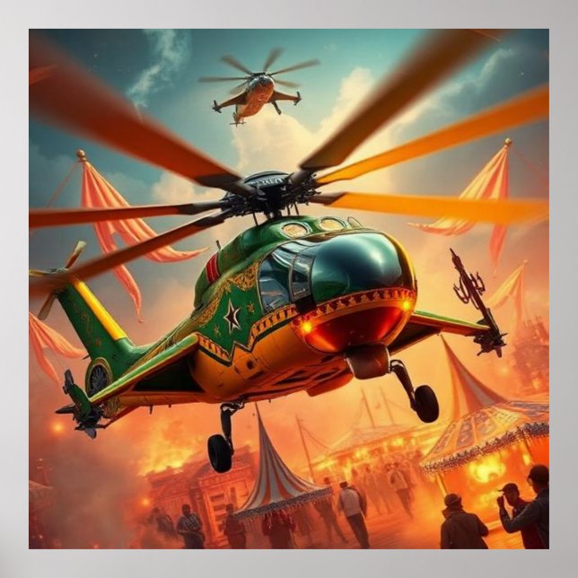 Decorated helicopters over a magical circus fair poster (Front)