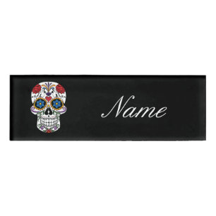 Decorated Human Skull Art Thunder_Cove Name Tag