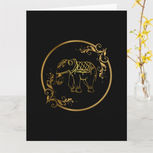 Decorated Indian Elephant in Gold Frame Lotus Card (Yellow Flower)