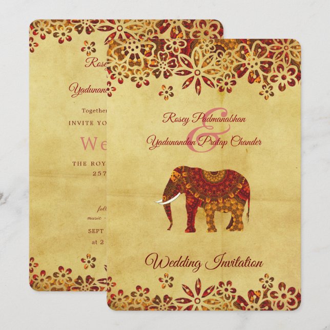 Decorated Indian Ornate Elephant Design Invitation (Front/Back)