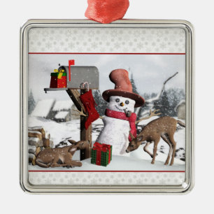 Decorated Mailbox Snowman Deer Silver Ornament