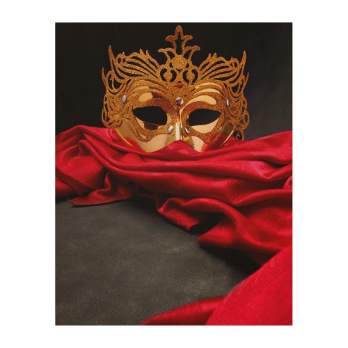 Decorated mask for masquerade on red velvet wood wall art