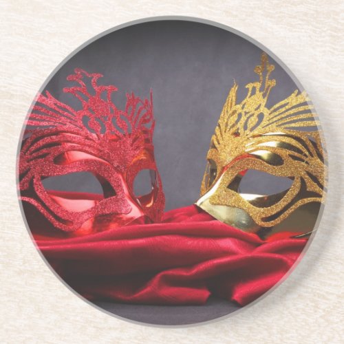 Decorated masquerade mask on red velvet drink coaster