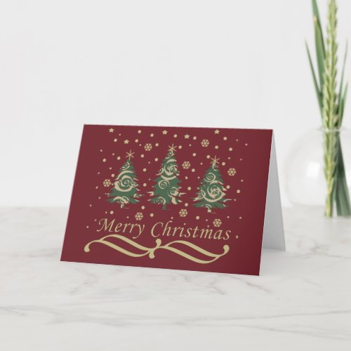 Decorated modern holiday christmas pine trees card