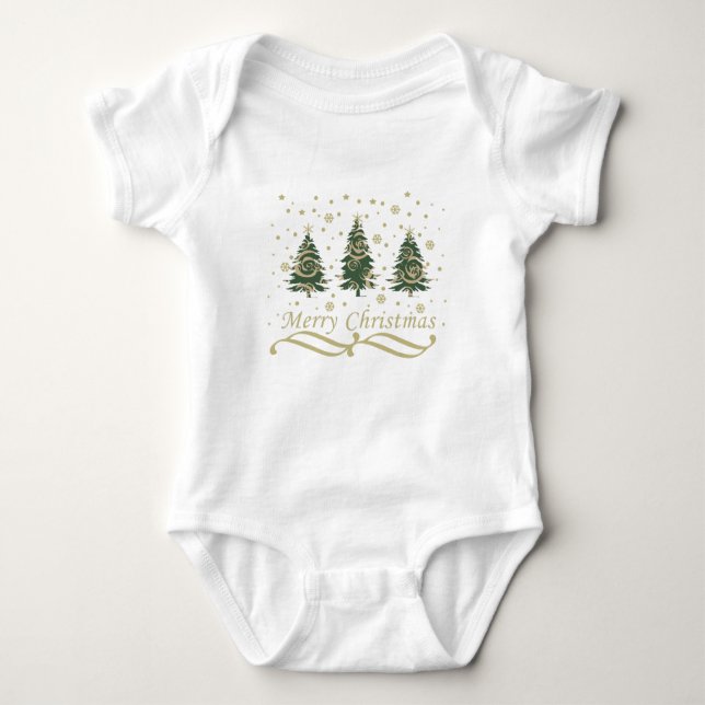 Decorated modern merry christmas pine trees baby bodysuit (Front)
