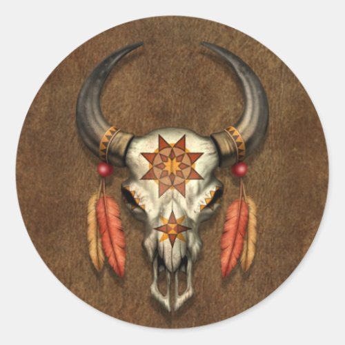 Decorated Native Bull Skull with Feathers Classic Round Sticker