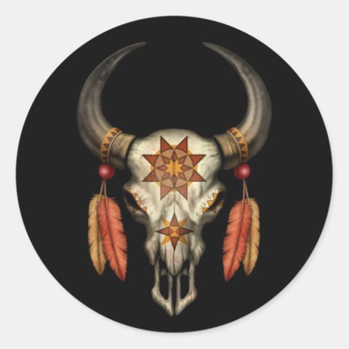 Decorated Native Bull Skull with Feathers on Black Classic Round Sticker