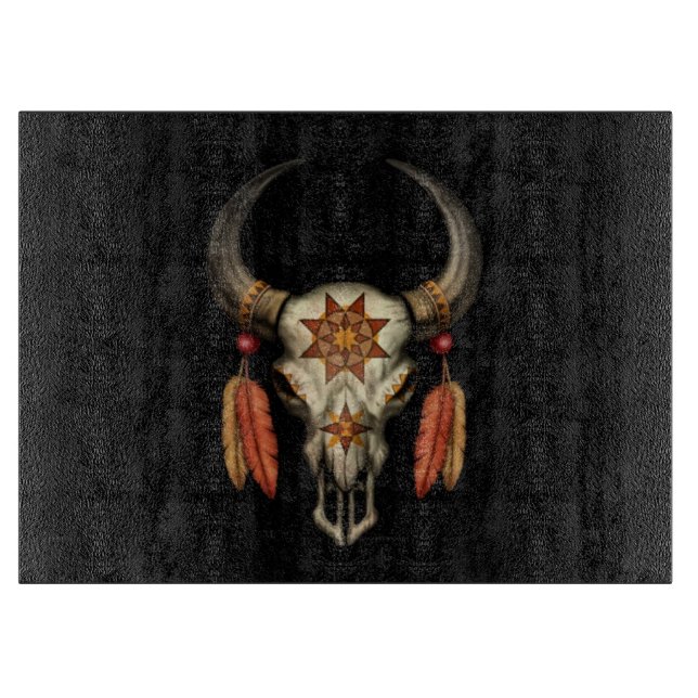 Decorated Native Bull Skull with Feathers on Black Cutting Board (Front)