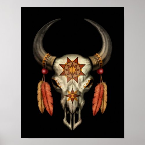 Decorated Native Bull Skull with Feathers on Black Poster