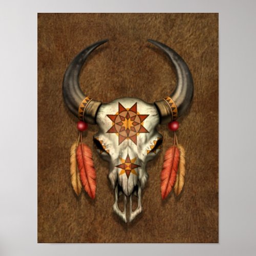 Decorated Native Bull Skull with Feathers Poster