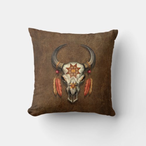 Decorated Native Bull Skull with Feathers Throw Pillow