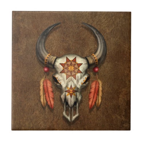 Decorated Native Bull Skull with Feathers Tile