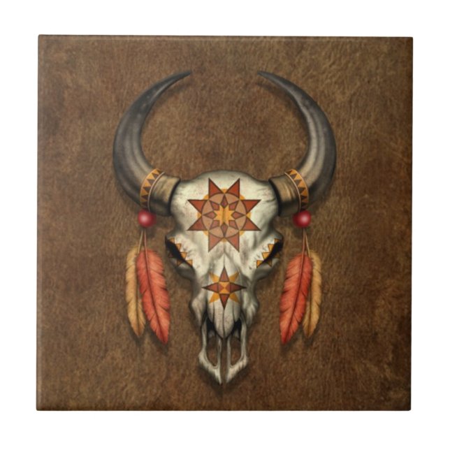 Decorated Native Bull Skull with Feathers Tile (Front)