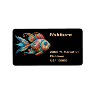 Decorated Painted Fish on Black Address Label