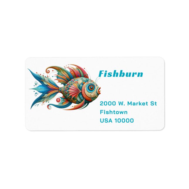 Decorated Painted Fish on White Address Label (Front)