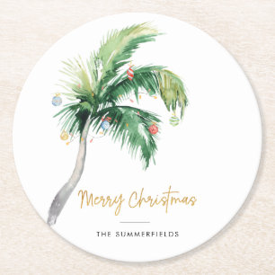 Decorated Palm Tree Christmas Holidays Family Round Paper Coaster