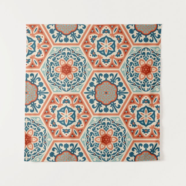 Decorated patterned hexagon cement ceramic tiles,  tapestry (Front)