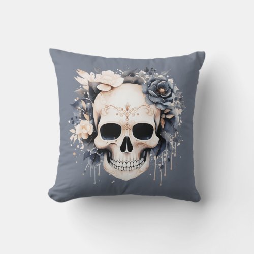 Decorated Skull Blue and White Flowers Halloween Throw Pillow